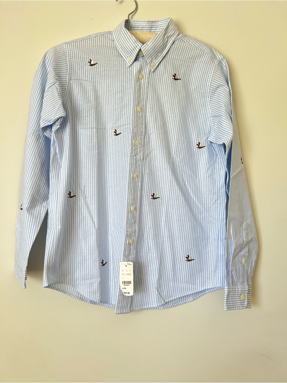 Men's Light Blue Stripe Oxford Shirt with Embroidered Ducks